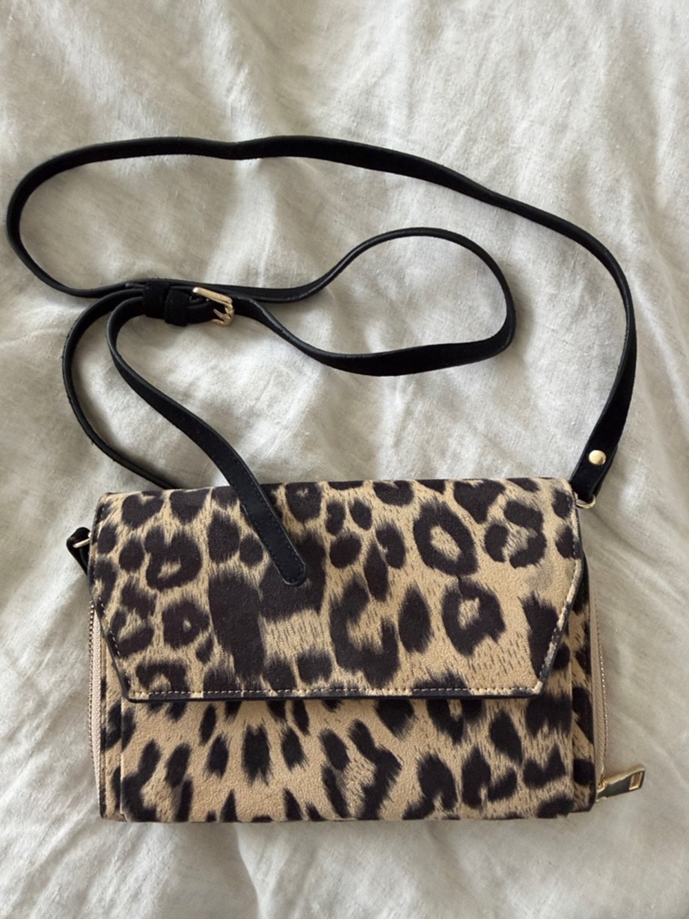 Leopard Print Crossbody Bag with Black Strap